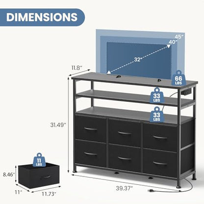 DUMOS LED TV Stand Dresser with Charging Station, Entertainment Center | Media Console for Living Room, App Controlled, 6 Fabric Drawers and 2 Shelves, Black