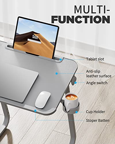 SAIJI Heavy Duty TV Trays Upgraded TV Tables for Eating on Couch | Angle & Height Adjustable Living Room Dinner Table, Laptop Desk for Sofa/Bedside/ Recliner, with Cup Holder and Tablet Slot - color: Grey