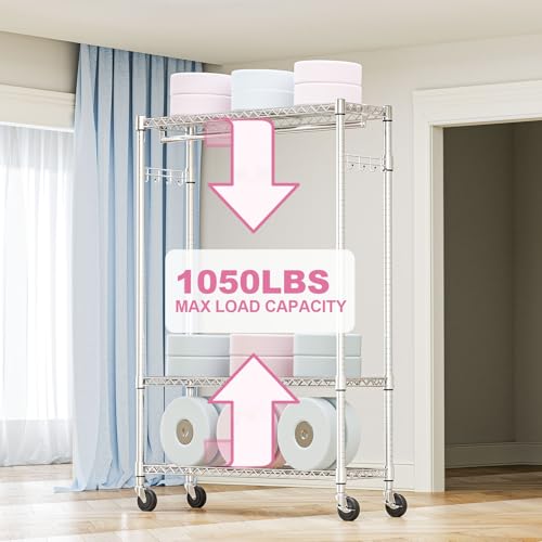 M MZG Heavy Duty Rolling Garment Rack 3 Tiers Adjustable Wire Shelving Clothes Rack with 1 Rods and Side Hooks,Storage Closet Clothing Rack with Wheels Chrome 15.7" D x 45.3" W x 75.6" H - color: Chrome, size: 3 Tier and 1 Rod 15.7"D x 45.3"W x 75.6"H