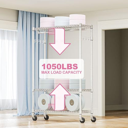 M MZG Heavy Duty Rolling Garment Rack 3 Tiers Adjustable Wire Shelving Clothes Rack with 1 Rods and Side Hooks,Storage Closet Clothing Rack with Wheels Chrome 15.7" D x 45.3" W x 75.6" H - color: Chrome, size: 3 Tier and 1 Rod 15.7"D x 45.3"W x 75.6"H