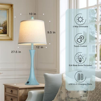 Rinweey Blue Metal Table Lamp Set of 2 with USB C+A Ports, Bedside Lamp, Modern Bedroom Lamps, Coastal Lamp for Night Stands Bedroom Living Room,Nightstand Lamp LED Bulbs Included - color: Blue(2 Pack)