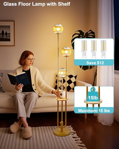 Globe Glass Floor Lamp with Table, Gold Tall Standing Lamps Dimmable, 3000K Warmwhite Mid Century Modern Floor Lamp with 5Lbs Heavy Base for Living Room/Bedroom - color: 3 Globe Glass-Gold