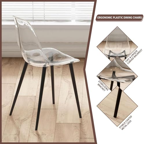 Baysitone Clear Dining Chairs Set of 10, Modern Kitchen Chairs with Transparent Seat, Acrylic Accent Side Chairs with Plating Metal Legs for Dining Room, Kitchen, Living Room with Black - color: Black, size: Set of 10