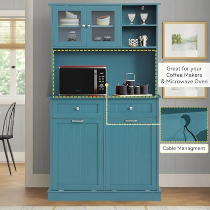 LOUVIXA 68.4" Kitchen Pantry Storage Cabinet, Freestanding Cupboard with Shelf, 2 Drawers and 2 Tilt Out Trash Cabinet, Tall Cabinets for Kitchen, Dinning Room, Living Room (Deep Teal, Double Tilt) - color: Deep Teal