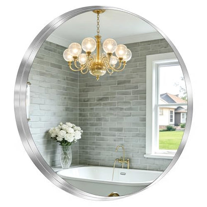 30-Inch Circle Mirro Brushed Nickel Silver Wall Mounted Round Mirror, Glass Panel Circle Deep Set Design Stainless Steel Framed Mirror for Bathroom Vanity, Entryways, Living Rooms - size: 30"L x 30"W