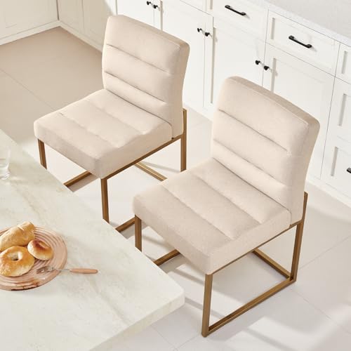 GrandNoor Modern Khaki Linen Fabric Dining Chairs Set of 2, Soft Thick Upholstered Kitchen Chairs with Gold Sturdy Metal Legs,Adjustable Foot Pads Dining Room Chairs - color: Khaki Linen, size: 2PCS Dining Chairs