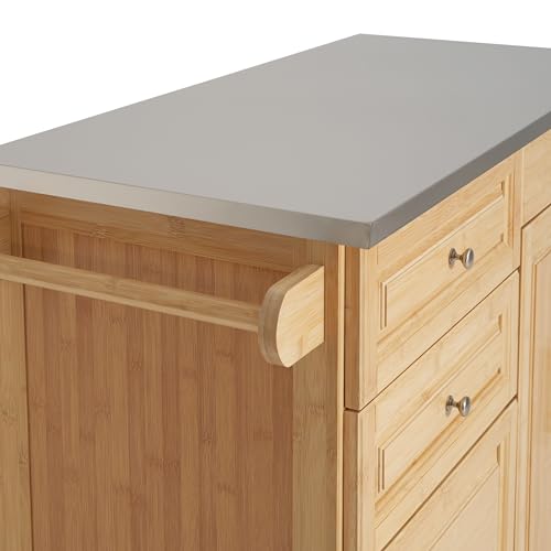 Christopher Knight Home Tredy Bamboo Rolling Cart with Drawers, Kitchen Bar Cart on Wheels with Stainless Steel Top, Rolling Kitchen Cart Storage Cabinet, Serving Cart, 50.8'' x 18.5'', Natural - size: Medium