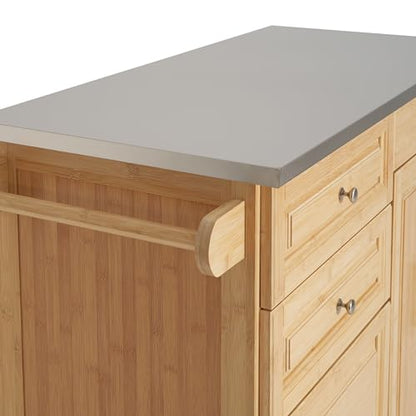Christopher Knight Home Tredy Bamboo Rolling Cart with Drawers, Kitchen Bar Cart on Wheels with Stainless Steel Top, Rolling Kitchen Cart Storage Cabinet, Serving Cart, 50.8'' x 18.5'', Natural - size: Medium