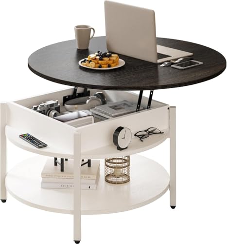 FABATO 26.77” Round Lift Top Coffee Table with Storage, White | Farmhouse Coffee Table, 2 Tier Small Round Center Table, Center Table for Living Room, Circle Dining Table - color: Antique White