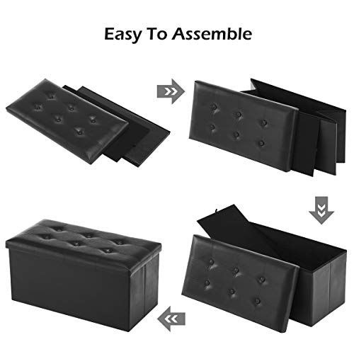 Youdesure 30" Ottoman with Storage, Folding Faux Leather Bench, Black | Foldable ottoman with hidden storage, padded seat and sturdy MDF frame for everyday use. - color: Black