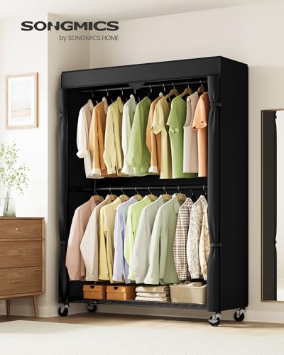 SONGMICS Heavy-Duty Rolling Clothes Rack, Garment Rack, Portable Closet on Wheels, with Adjustable Mesh Shelves and Hanging Rails, Fabric Cover, 15.8 x 43.3 x 78.3 Inches, Ink Black ULGR419BH01 - size: 43.3"W-With Fabric Cover