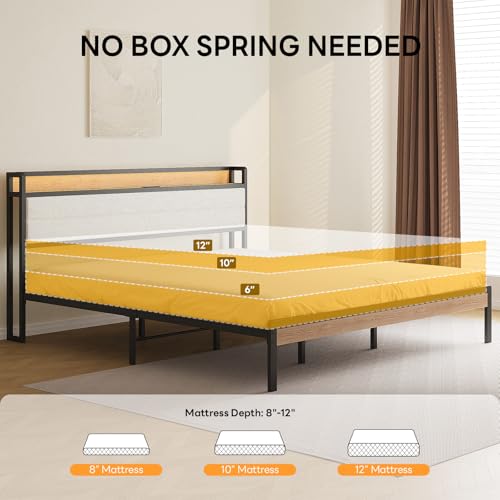LIKIMIO King Size Bed Frame with Headboard, LED Lights and Charging Station | Upholstered sherpa storage headboard with LED & charger; heavy-duty slats; noise-free; modern elegance; natural and cream - color: Natural and Cream, size: King