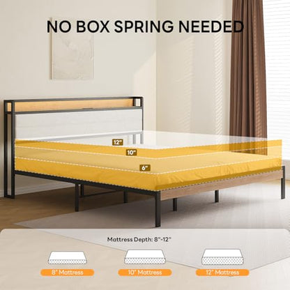 LIKIMIO King Size Bed Frame with Headboard, LED Lights and Charging Station | Upholstered sherpa storage headboard with LED & charger; heavy-duty slats; noise-free; modern elegance; natural and cream - color: Natural and Cream, size: King