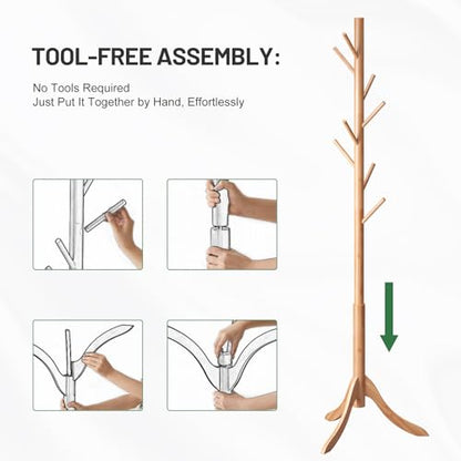 kiplant Coat Rack Freestanding, Bamboo Wood Coat Stand with 8 Hooks,3 Adjustable Size,Easy Assembly NO Tools Required, Coat Tree Hanger Stand for CoatsScarves in Hallway - color: Nature