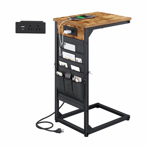 C-Shaped End Table with Fast-Charging Station, Small Couch Side Table with Storage Bag, Sofa TV Tray Table for Living Room, Bedroom, Bedside ET-BR-1 - color: Rustic Brown