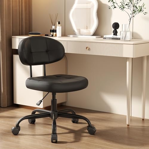 Misolant Vanity Chair with back, Small Armless Cute office Chair with wheels and Lumbar support, Comfy PU Leather Desk Computer Chairs with Adjustable Height, 360°Swivel for Home Bedroom Office, Black - color: Black