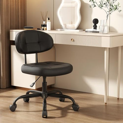 Misolant Vanity Chair with back, Small Armless Cute office Chair with wheels and Lumbar support, Comfy PU Leather Desk Computer Chairs with Adjustable Height, 360°Swivel for Home Bedroom Office, Black - color: Black