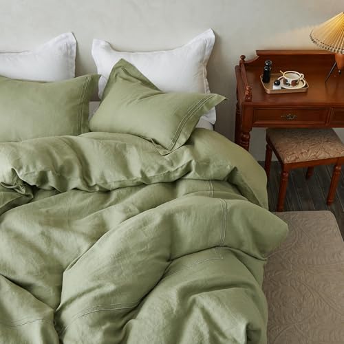 Simple&Opulence 100% Washed Linen Duvet Cover Set 68"x86" - 2 Pieces Soft Farmhouse Comforter Set Double Embroidered with Button Closure - 1 Duvet Cover and 1 Pillowsham (Sage Green, Twin) - color: 2 Embroidery Sage Green, size: Twin
