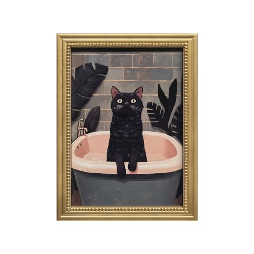 Gatheroad Gold Framed Vintage Canvas Wall Art Prints, Black Cat Bathroom Wall Art, Boho Farmhouse Funny Animal Bathroom Decor for Living Room Bedroom Office, 12x16in - color: Black Tub-Cat, size: 12X16inch