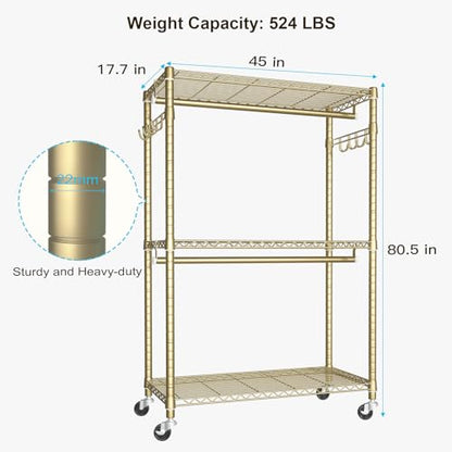 P1 Plus Rolling Clothes Rack, 22mm Diameter Heavy Duty Garment Rack | Clothing Rack with Wheels, Portable Closets with Shelves and Hanger Rods, 45"W x 17.7"D x 80.5"H, Load 524lbs, Gold - color: Gold, size: P1 Plus