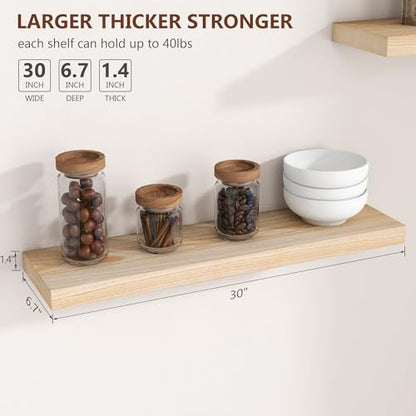 fuqing 30 Inch Floating Shelves 6.7'' Deep Natural Wood Shelves Set of 2 | 30'' x 6.7'' x 1.4'' Natural Wood Shelves for Bathroom Living Room, 40LBS, Lightweight, Hardware Included, Waterproof Finish - color: Natural, size: 30 Inch