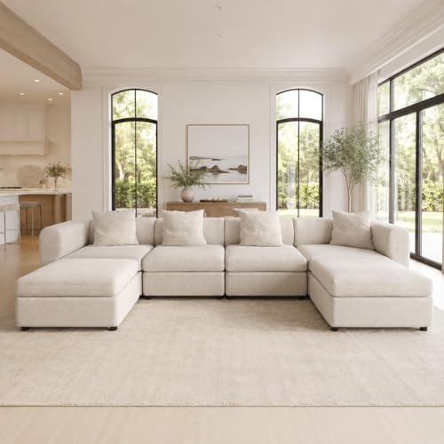 135.8" Velvet Sectional Sofa with 4 Pillows Convertible U-Shaped Couch with Cushions, Oversized Sectional Sofa with Storage Ottoman, 6 Seaters Sofa Couch for Living Room, Beige - size: 6 Seaters(With Ottoman)