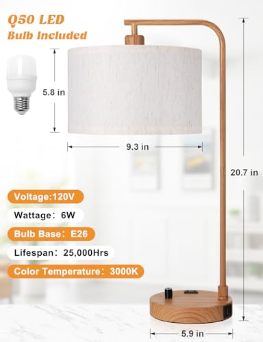 Innqoo Wood Table Lamp for Bedroom with USB Port and Outlet, Dimmable Nightstand Bedside Lamps with Linen Lampshade, Desk Lamp for Home Office, Living Room, Guest Room, LED Bulb Included - color: F-Beige Shade & Wood Base