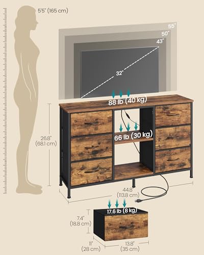 SONGMICS BELLAH Collection - TV Stand for TVs Up to 55 Inches, Dresser for Bedroom, Living Room, Chest of Drawers, Steel, 6 Drawers and 2 Shelves, Industrial, Rustic Brown ULGS032K101S - color: Rustic Brown, size: 11.8"D x 44.8"W x 26.8"H (6 Drawers)