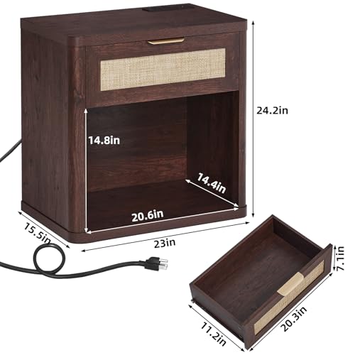 LEYAOYAO Rattan 23" Nightstands with Charger for Bedroom | Gold Metal Handle, Storage Shelf, Walnut Stand with Drawer, Boho Bedside Table, Bed Side End Tables Living Room, Hallway - color: Retro Walnut, size: 1 Drawer