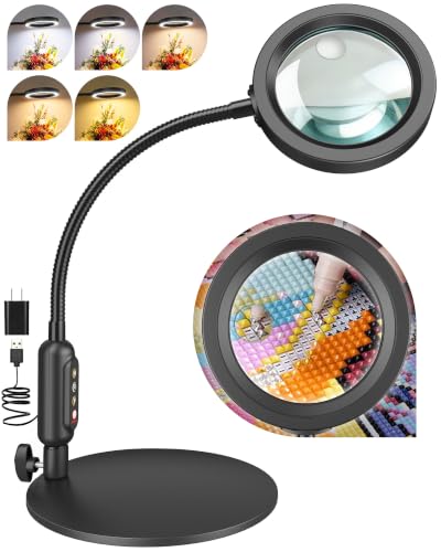 30X 10X Magnifying Glass with Light and Stand, 5 Color Modes Stepless Dimmable, Optical Grade HD Lens, LED Lighted Magnifier Hands Free with 20.5in Flexible Gooseneck for Close Work - Black - color: Black, size: 4.3in-20.5in & Base
