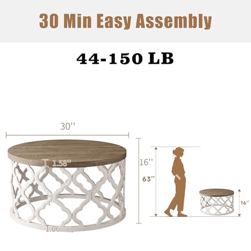 karlott Farmhouse Coffee Table, French Country Round Coffee Table, Beige | Solid Wood Veneer Tabletop, Curved Motif Frame Base, Coastal Boho Center Table, Small Rustic Coffee Tables for Living Room - size: Coffee Table 30 Inches