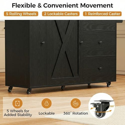 IRONCK Rolling Kitchen Island with Storage & Drop Leaf, 47.2" Kitchen Cart | with 3 Drawers, Spice Rack, Towel Rack, Storage Cabinet, Portable Mobile Island on Wheels, Black - color: Black