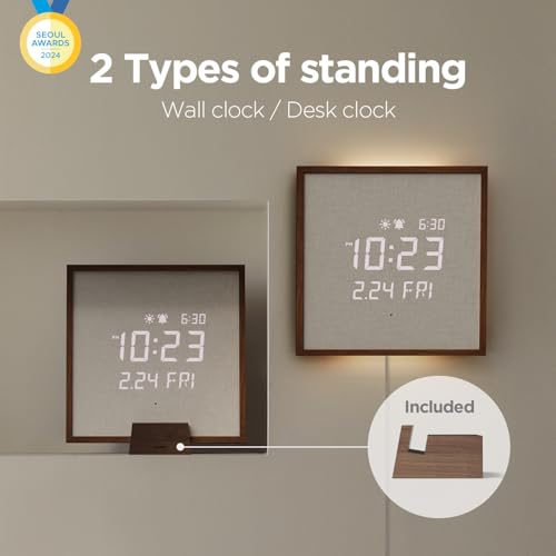 mooas Wooden Frame LED Silent Wall Clock (Wooden Frame Dark Brown) | Remote Control, Backlit Nightlight, Modern Digital LED Wall Clock Sunrise Alarm Melody 5 Brightness for Bedroom Living Room - color: Wooden Frame Dark Brown