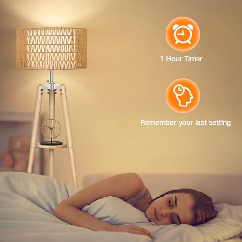 OUTON Boho Rattan Tripod Floor Lamp with Shelves, Dimmable Mid Century Modern Standing Lamp with Remote Control,Wood Tall Floor Lamps for Living Room Bedroom Office Farmhouse Bulb Included - color: Wood