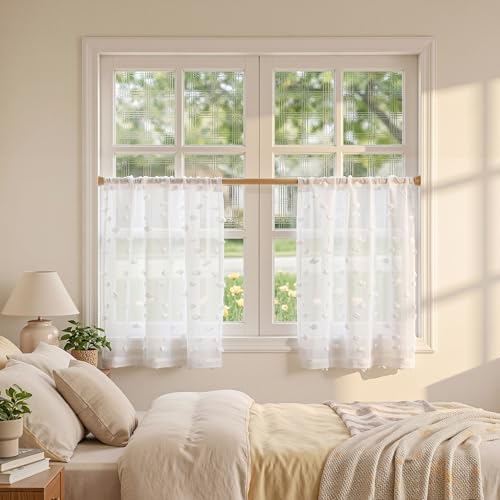 MYSKY HOME White Sheer Curtains with Pom Pom for Living Room 36x45,2 Panels | Light Filtering,Aesthetic Flowy Semi Sheer Drapes with Design,for Girls Nursery Kids Bedroom Playroom Decor,Rod Pocket - color: 1-white, size: 36"W x 45"L (Pack of 2)