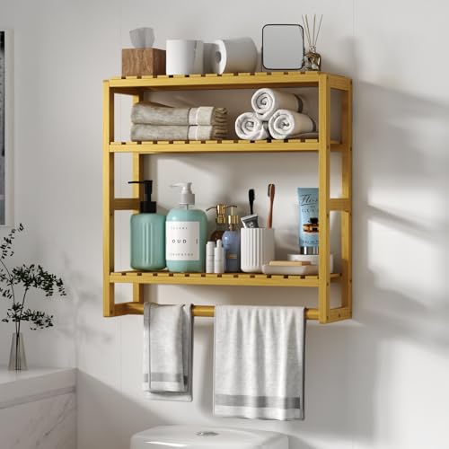 Galood Over The Toilet Storage Bathroom Shelves Wall Mounted Yellow | 3 Tier Space Saver Corner Shelf Organizer Bamboo Towel Rack Toilet Paper Cabinet with Hanging Rod - color: Yellow 1pack, size: Large