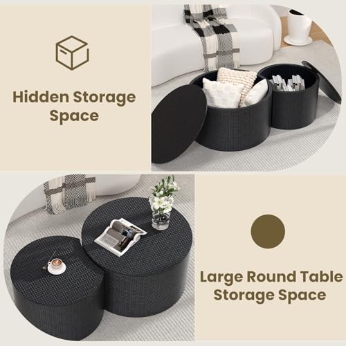 Nesting Coffee Table Set of 2, Round, Black | Hidden Storage, Leather Wrapped, Stackable End Tables, No Assembly Required, For Small Space Living Room Apartment - color: Black