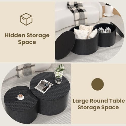 Nesting Coffee Table Set of 2, Round, Black | Hidden Storage, Leather Wrapped, Stackable End Tables, No Assembly Required, For Small Space Living Room Apartment - color: Black