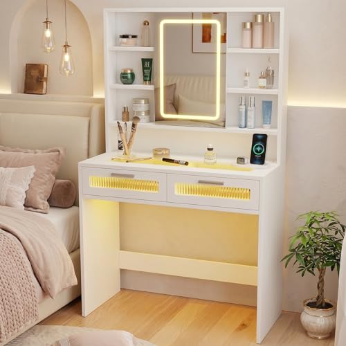 Hadulcet 35.5" Small Vanity Desk with Mirror and Lights, White Make Up Vanity Table with Glass Top & Colored Lights & Multiple Shelves for Girls Gifts, Cute Room Decor - color: White, size: 15.8"D x 35.5"W x 55.1"H
