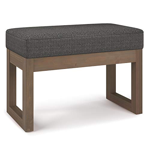 SIMPLIHOME Milltown 27" Wide Tweed Rectangle Ottoman in Ebony | Contemporary upholstered ottoman with a cushioned seat for extra seating in the bedroom or entryway; footstool, footrest. - color: Ebony, style: Small Ottoman Bench