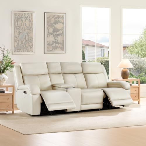 Watson & Whitely Wall Hugger Power Reclining Sofa with Console, Cream | Genuine Leather Recliner Sofa, Power Headrests, Center Storage Console, Cup Holders, 3-Seater Couch, Living Room & RV - color: Cream, style: 3 Seater Sofa (with console)