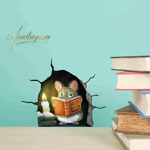 3D Mouse Reading Book in Mouse Hole, Decal Sticker, Removable Wall Decor, Book Lover Gift Idea, Baseboard, Wall Sticker Decal, Kids Room, Classroom, Library - style: Mouse Reading Book With Hole