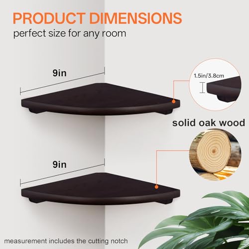 Gieanoo Floating Corner Shelves Set 2 9inch Walnut Solid Oak Rounded Corner Shelves Wall Mounted with Cable Hole Wood Corner Hanging Shelves for Living Room Bedroom Bathroom Kitchen - color: Dark Walnut, size: 9in 2-Pack
