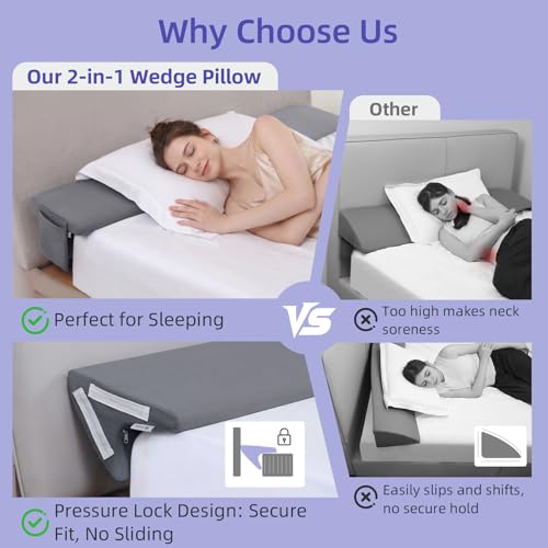 Vekkia Bed Wedge Pillow for Headboard Gap, Queen 60"x10"x8" with Pockets | Bed Gap filler,Two Angles&Heights, Pressure Lock Design Keeps in Place, High-Density Foam Fills Gaps (0-5.5"), Washable Cover - color: Gray, size: Queen(60"x10"x8.5"-Large)
