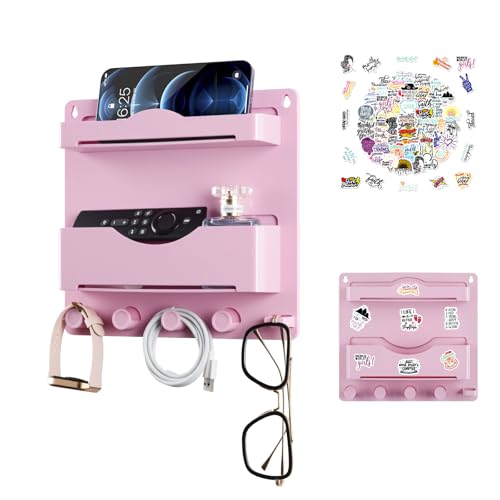 Pink Bedside Shelf Organizer - Wall Mount Phone Holder with Glasses Hook & 50 Motivational Stickers for Girls Bedroom Dorm Decor - color: Pink