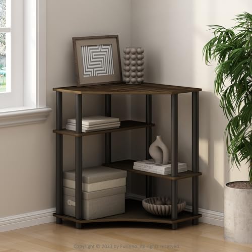 Furinno Turn-N-Tube Storage Shelves, 4-Tier Corner Shelf, Toolless Assembly Display Rack, Corner Bookshelf for Small Space, for Organization and Storage, Living Room, Home Office, Columbia Walnut - color: Columbia Walnut/Black, size: 4-Tier Corner Shelf