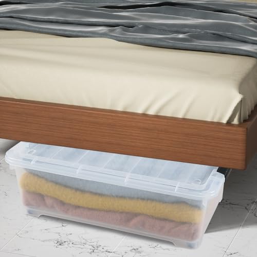 4 Packs 20 Quart Plastic Under Bed Storage Container with Wheels | Stackable and Nestable Organizer Bins, Flat Storage Box with Lids - size: 20 Quart