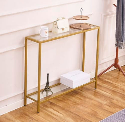 Small Modern Console Table for Entryway, Tempered Glass with Metal Frame Sofa Table for Living Room, Hallway, Office (Double-Layer, Gold) - color: Gold, style: Double-layer