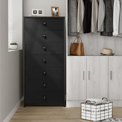 Fabric Dresser for Bedroom, Wide 7-Drawer Tall Vertical Tower (Black) | Wooden Top, Steel Frame, Easy Pull Bin,Organizer Unit for Living Room, Hallway, Entryway, Nursery, Closets - color: Black, style: Wide-7 Drawers