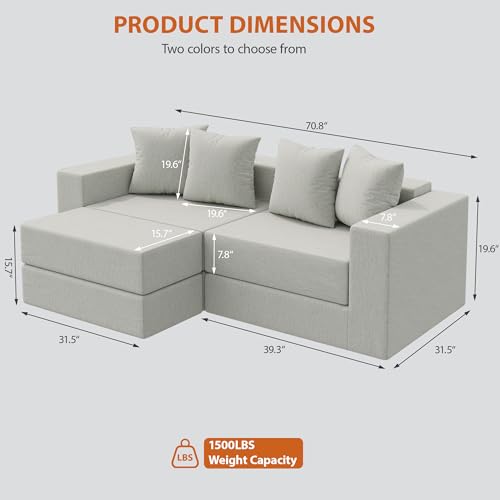 Modular Boneless Loveseat, L-Shape Cloud-Like Sectional Couch with High-Density Memory Foam, Convertible Comfy Couch for Living Room Apartment Small Space - No Assembly Required, White - color: White